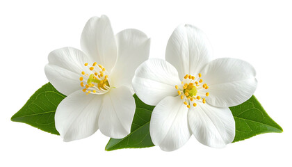 Obraz premium Two white flowers bloom with green leaves, isolated object