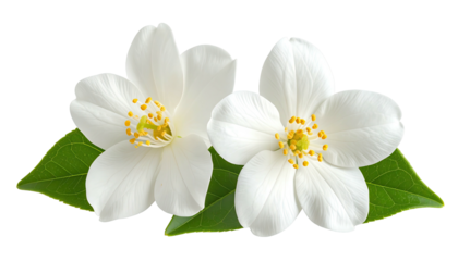 Two white flowers bloom with green leaves, isolated object