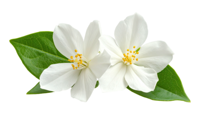Two white flowers bloom with yellow centers and green leaves