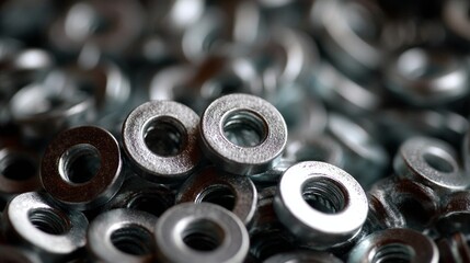 Close-up view of a pile of shiny metal washers, commonly used in construction and mechanical applications