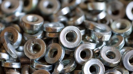 Close-up view of numerous shiny metal washers arranged in a pile for industrial use