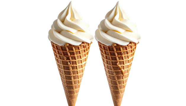 Two waffle cones hold swirls of creamy, off-white frozen dessert