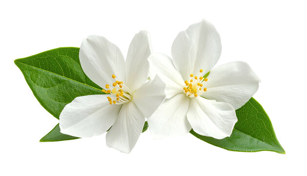 Two white flowers bloom with yellow centers and green leaves