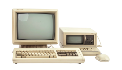 Beige retro computer system with a monitor, keyboard, and mouse