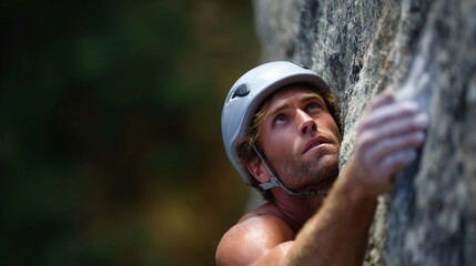 Determined rock climber gripping cliff face while wearing a helmet for safety during ascent