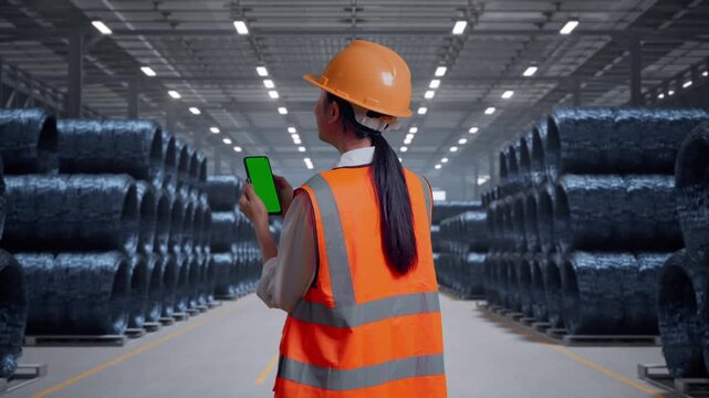 Back View Of Asian Female Engineer With Safety Helmet Working On A Green Screen Smartphone And Looking Around with Stacks of Huge Metal Wire Coils in Warehouse
