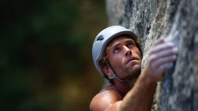 Determined rock climber gripping cliff face while wearing a helmet for safety during ascent
