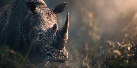 A rhino is walking through a field of tall grass.