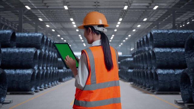 Back View Of Asian Female Engineer With Safety Helmet Working On A Green Screen Tablet And Looking Around with Stacks of Huge Metal Wire Coils in Warehouse