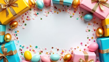 Colorful gift boxes, painted eggs scattered with confetti. Presents tied with gold ribbons create festive background. Surprise celebration scene with pastel, metallic hues. Joyful easter party