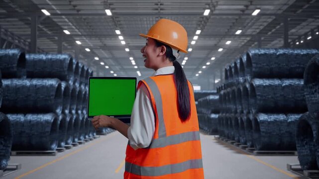 Back View Of Asian Female Engineer With Safety Helmet Working On A Green Screen Laptop And Looking Around with Stacks of Huge Metal Wire Coils in Warehouse