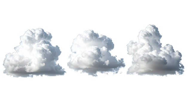 Trio of fluffy white cumulus clouds against a stark black backdrop