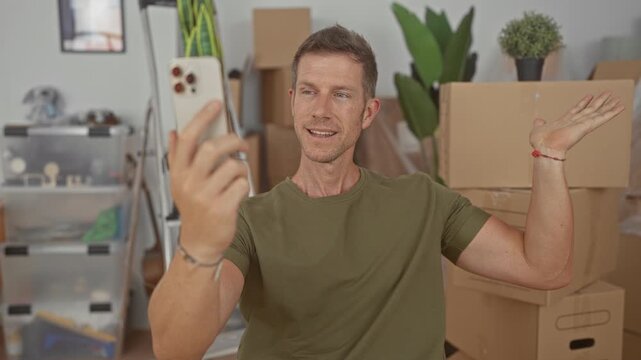 Man holding smartphone and shrugging while talking to camera among stacked moving boxes in house; relaxed video call chat.