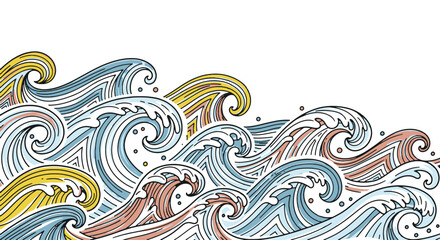 Abstract illustration of dynamic ocean waves, hand-drawn with a vibrant palette, symbolizing natural rhythm