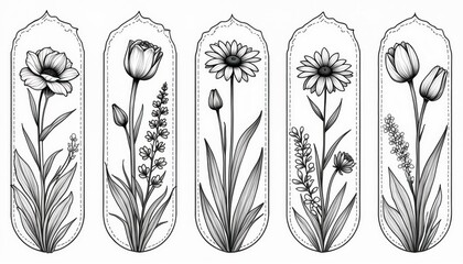 Set of vintage bookmark illustrations featuring delicate floral designs. Line drawing different flower type including tulips daisies, poppies. Graphics suitable for coloring pages stationery