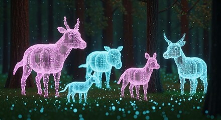 Digital Deer Family In Glowing Forest