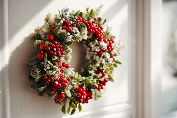 Buy christmas wreath red berries snow flocked holiday door decoration