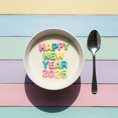 Flat Lay of "HAPPY NEW YEAR 2026" Message Spelled with Colored Cereal Letters on Pastel Wood