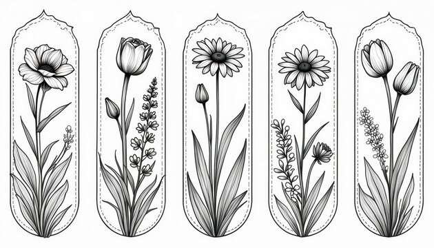 Set of vintage bookmark illustrations featuring delicate floral designs. Line drawing different flower type including tulips daisies, poppies. Graphics suitable for coloring pages stationery