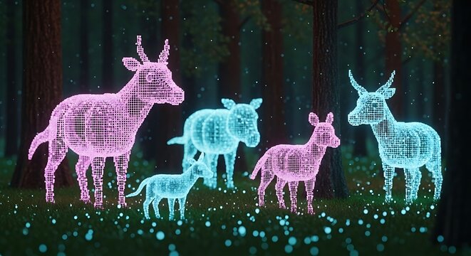 Digital Deer Family In Glowing Forest