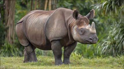Adult Sumatran Rhinoceros Resting on Lush Grass in Outdoor Asian Habitat