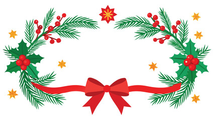 Christmas border frame with holly leaves, pine branches, red ribbons, and snowflakes, realistic style on white background.