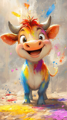 Obraz premium Colorful cow character smiles with vibrant paint splashes in a creative art setting