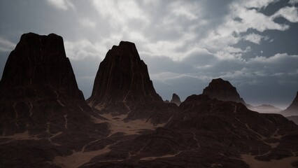 Majestic peaks rise dramatically against a dusky sky, with soft clouds casting shadows over the rocky landscape. The earthy tones and textures create a mystical atmosphere at dusk.