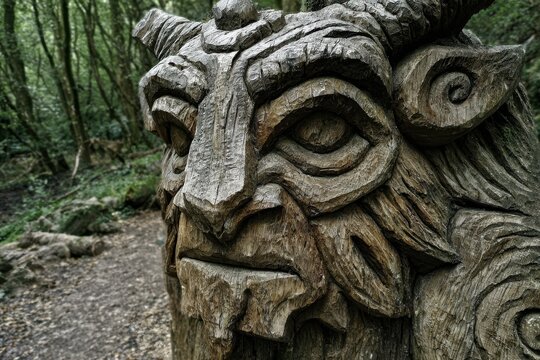 Ancient Grendel Sculpture: Mythical Monster Wooden Art at Beowulf and Grendel Trail, West Stow Country Park, Suffolk, UK