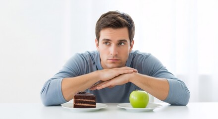 Caucasian man contemplating healthy versus unhealthy food choices on white background. Banner template of diet decision, diabetes prevention and healthy lifestyle.