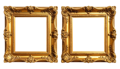 Two ornate, gold picture frames sit side-by-side on black