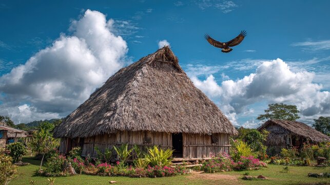 Authentic Embera Tribal Dwelling Under a Cloudy Sky, with Eagle Soaring Above and Vibrant Garden Blossoms in Panama