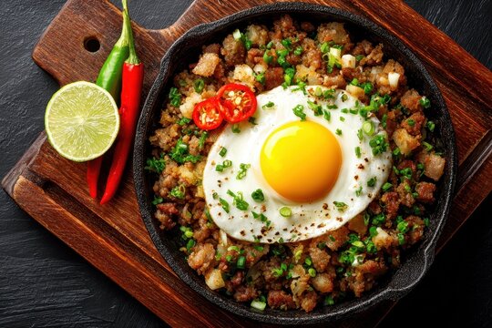 Authentic Sisig Delight: Savory Filipino Dish with Egg, Lime, and Chili, Served in a Pan - Close-Up Top View