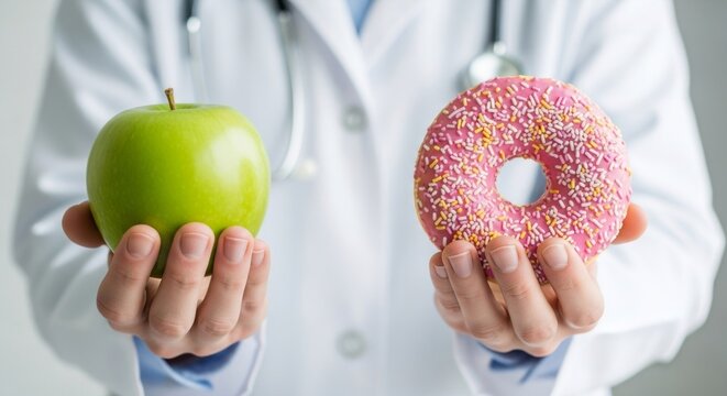 Caucasian doctor offering healthy green apple and unhealthy doughnut. Banner template of choice between good and bad food for diet and diabetes prevention.