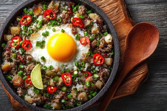 Authentic Sisig: Savory Filipino Dish with Egg, Lime, and Chili Peppers, Served in a Pan - Top View Delight