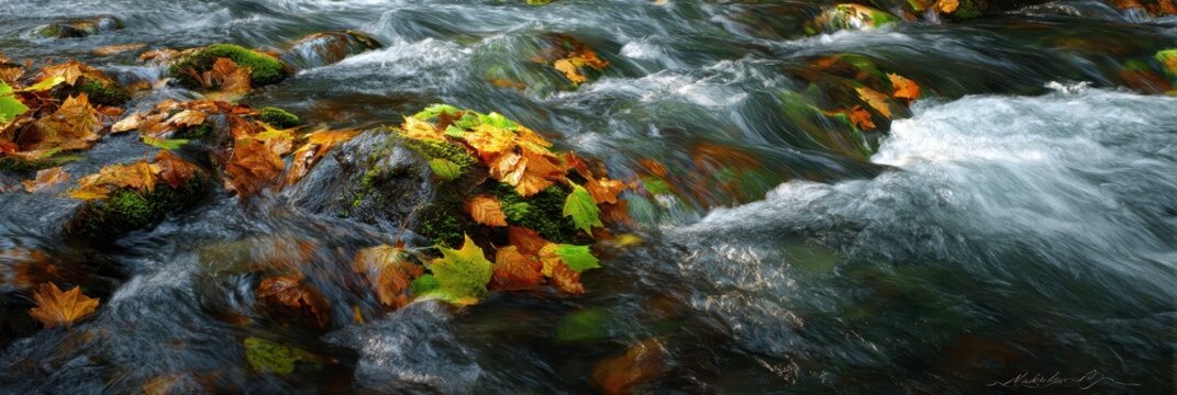 Autumn Bliss: Close-up of Sol Duc River's Flowing Waters Amidst Colorful Leaves in Olympic National Park, Washington