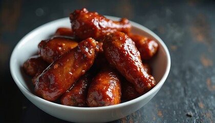 Juicy chicken wings covered in sticky glaze served in white bowl. Delicious poultry meat dish seasoned with spices, perfect for parties or family dinners.
