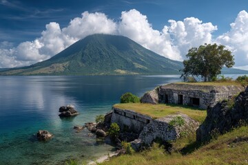 Banda Neira: Serene Landscape of Islands with Majestic Mountains and Tranquil Blue Waters in the Banda Sea, Maluku, Indonesia