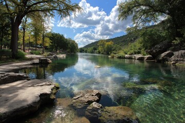 Barton Springs: A Serene Landscape Featuring Crystal Clear Waters and Lush Greenery in the Heart of Austin, Texas
