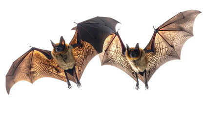 Two bats flying, wings spread, against a black background