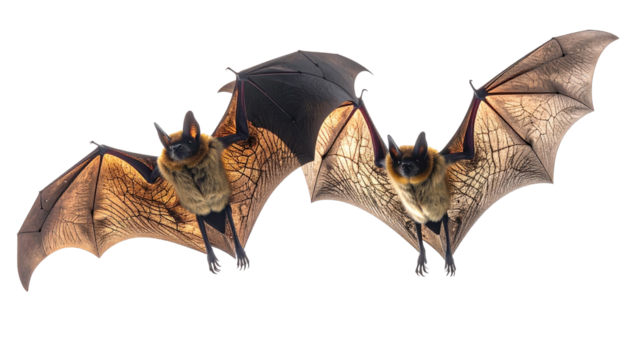 Two bats flying, wings spread, against a black background