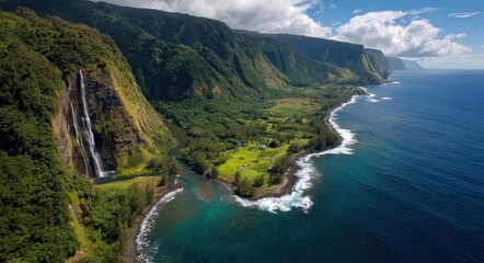 Breathtaking Aerial Perspective of Hamakua Coast's Stunning Landscape on Hawaii's Big Island with Waterfalls and Vast Sea