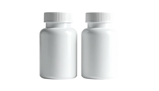 Two white plastic supplement bottles with ribbed white caps