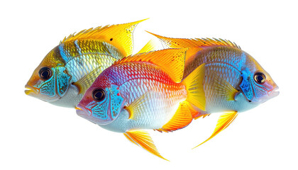 Three vibrant, colorful tropical fish cluster, isolated on black