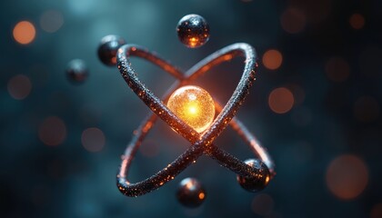 3D model of atom with electrons orbiting nucleus atomic structure, quantum physics. Atom glowing orange core, black orbiting electrons. Science concept representing molecular particle, energy.