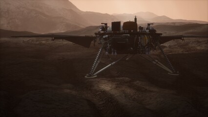 A robotic lander rests on the rocky Martian terrain, surrounded by magnificent red hills. Dusty skies illuminate the scene, showcasing the remote beauty of another world as it explores the unknown. © icetray