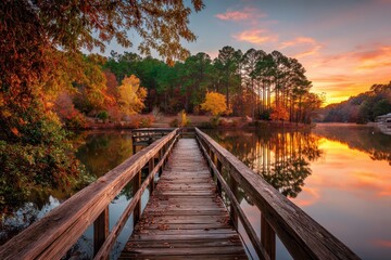 Breathtaking Sunset View of a Wooden Bridge Over Lawrenceville Lake Surrounded by Vibrant Autumn Trees in Lawrenceville, Georgia