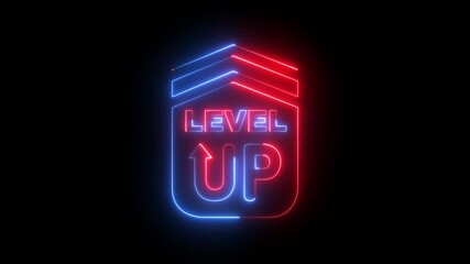 glowing neon level-up icon animation on black background. Game level up icon. Neon level up sign and upper Level. 4k motion video. - Powered by Adobe