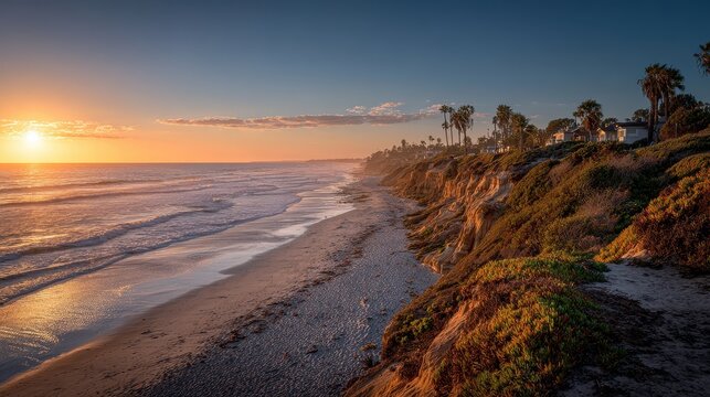 Breathtaking Sunset Over Solana Beach, California: A Serene Evening by the Sea with Soft Sand and a Glorious Sun