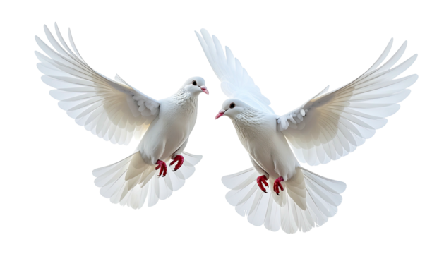Two white doves, wings spread, flying on a black background